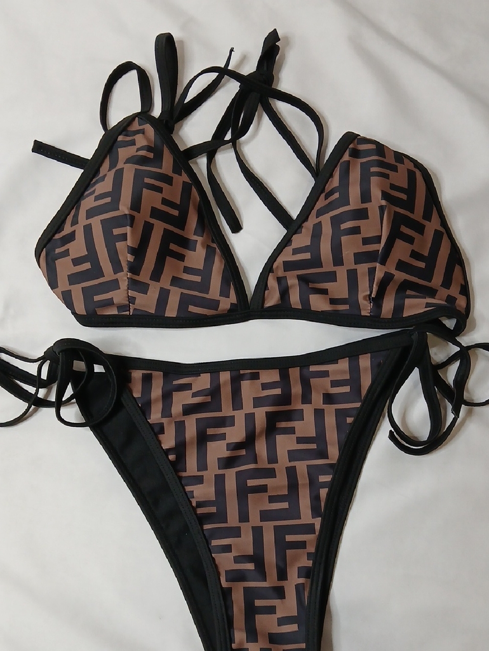 Fendi Brown and Black Geo-Print Triangle Bikini